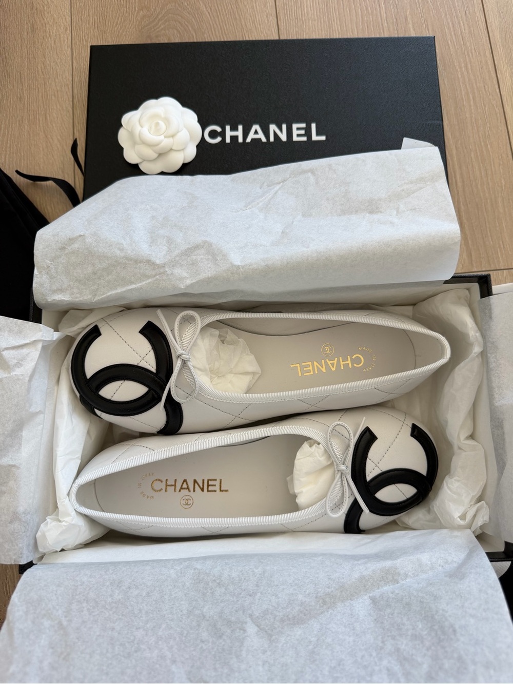 CHANEL 26M Cambon White Ballet Flats
